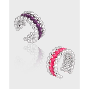 Ear cuff multistrato in argento S925 con dettagli in smalto viola e rosa shocking