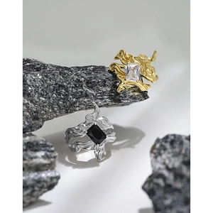 Irregular lava texture S925 silver rings with gold and silver rectangle zircon stones