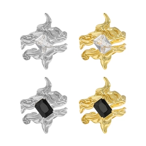 Irregular textured S925 sterling silver open rings with zircon stones in gold and silver