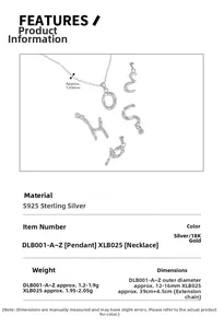 Detailed size specifications for S925 sterling silver letter A-Z pendant necklaces