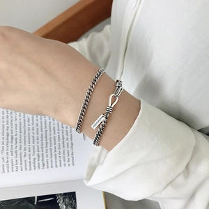 Retro S925 sterling silver chain bracelet set with horseshoe buckle and rectangle tag
