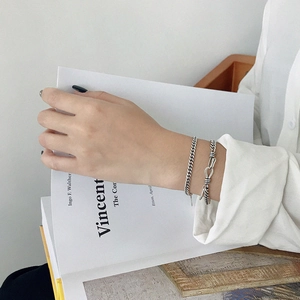 Retro S925 sterling silver chain bracelets set for couples with vintage oxidized finish