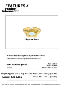 Makroaufnahme von S925 Silberring mit 8mm Mondstein und technischen Spezifikationen