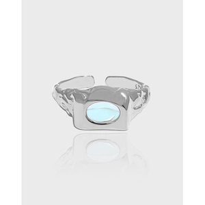 925 Sterling Silber Unregelmäßiger Lava Textur Offener Ring Für Damen Synthetischer Mondstein Eingelegt Minimalistischer Verstellbarer Fingerschmuck