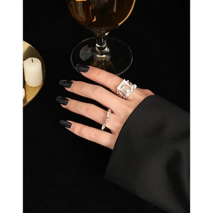 S925 sterling silver hollow geometric wide ring set with wavy band for women