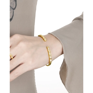 Elegant gold S925 silver open bangle with square cubic zirconia and matching ring