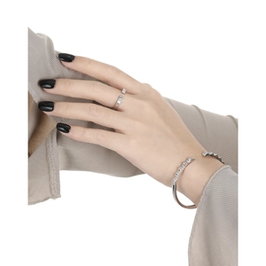 Minimalist silver geometric bracelet and ring set with rectangular cubic zirconia stones