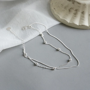 Bracelet de cheville double couche en argent S925 avec perles et fermoir mousqueton