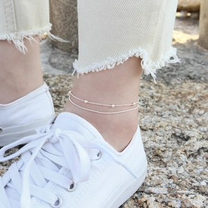 Bracelet de cheville double couche en argent sterling S925 avec petites perles