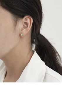 Close-up of S925 silver stud earrings with round zircon in golden bezel setting