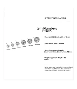 Size comparison chart for S925 sterling silver round cubic zirconia stud earrings