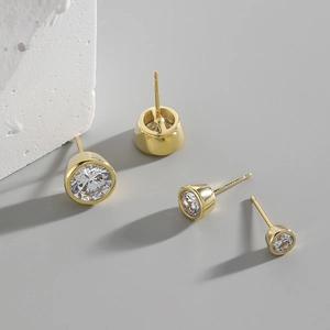Minimalist S925 sterling silver geometric round zircon stud earrings in gold set