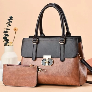 Two-piece vintage tote bag set with brown faux leather and golden metal clasp