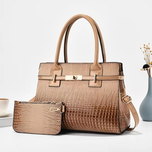 Khaki crocodile-embossed handbag set with matching clutch and gold metal buckle