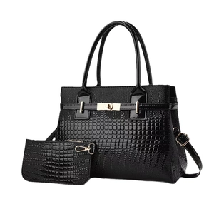 Glossy black crocodile pattern tote bag set with golden lock and small matching pouch