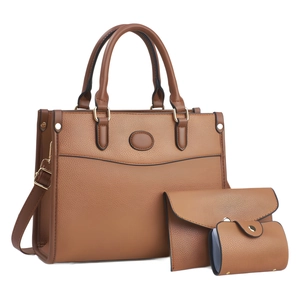 Set borse 3 pezzi in pelle marrone con borsa a mano, pochette e porta carte di credito