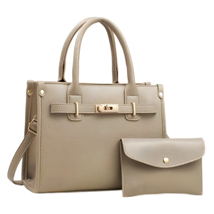 Ensemble grand sac à main beige avec boucle métallique et petit porte-monnaie assorti