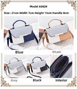 Guide des tailles et vue intérieure du sac à main bicolore en similicuir avec bandoulière