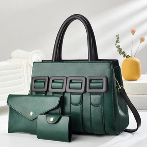 Set 3 pezzi di borse da donna verde scuro con borsa a mano, pochette e porta carte abbinato