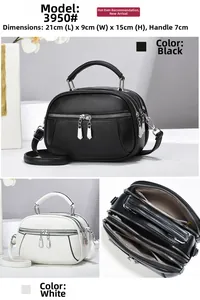 Three-layer zipper handbag showing black and white options with dimensions 21x9x15cm