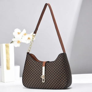 Vintage checkered hobo bag with brown leather trim and golden metal chain accent