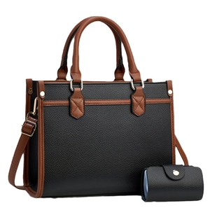 Large capacity black and brown tote bag set with matching wallet and shoulder strap