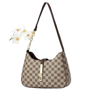 Checkerboard pattern hobo shoulder bag with brown leather straps and gold chain link