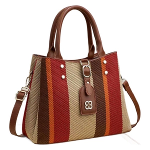 Sac fourre-tout tissé à rayures multicolores bohème avec poignées et bandoulière en cuir