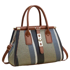 Classic striped woven handbag with leather handles and gold clasp in blue and beige