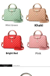 Quilted crossbody bag details in mint green, khaki, red, and pink with deer pendant