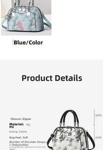 Detailansicht der bedruckten PU-Handtasche mit verstellbarem Gurt und Reißverschluss