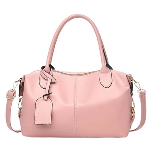 Pink faux leather Boston bag with double handles and adjustable crossbody strap