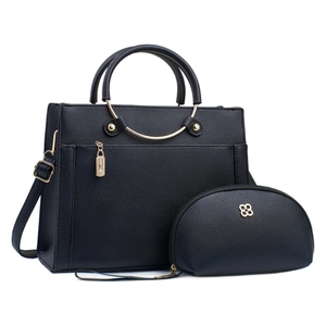 Two-piece black faux leather tote set with gold ring handle and matching pouch bag