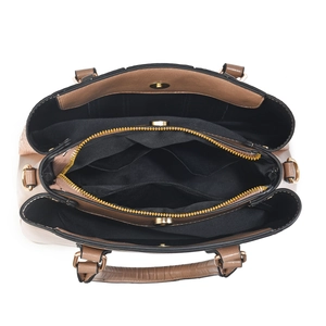 Top view of large light brown stone pattern tote bag showing three interior compartments