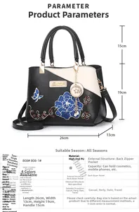 Paramètres de taille détaillés du sac à main à grande capacité avec broderie florale