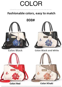 Sacs à main grande capacité avec broderie chinoise en noir, rouge et kaki élégant