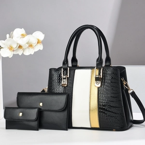 Three-piece set of black crocodile pattern handbags with white and gold contrast stripes