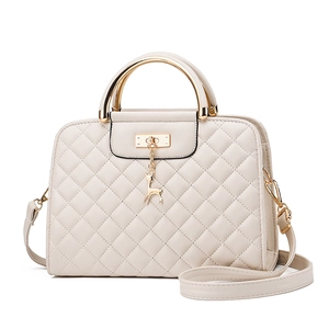 Fashion Women Quilted PU Leather Handbag Elegant Metal Handle Deer Charm Shoulder Crossbody Bag Casual Daily Satchel