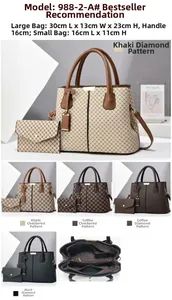 Detail view of vintage tote bag set with internal compartments and small matching pouch