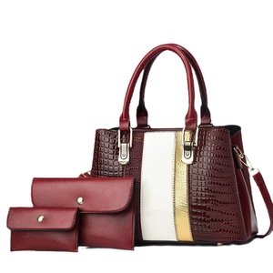 Burgundy 3-piece bag set with crocodile pattern, top handle tote and matching clutches