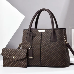 Brown vintage lattice tote bag set with matching pouch and golden metal accents