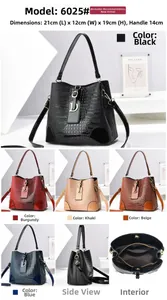 Detailed views of crocodile pattern bucket bag with dimensions and interior structure