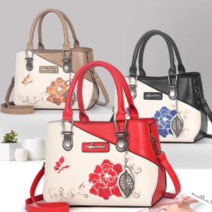 Sac à main élégant de grande capacité avec broderie pivoine et pendentif perle