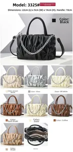 Size chart and color options for the pleated cloud handbag featuring chain detail