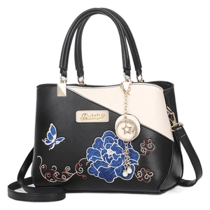 Sac à main grande capacité avec broderie traditionnelle de pivoine et pendentif étoile