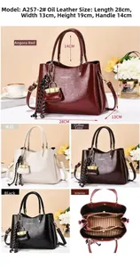 Detailed view of large oil wax leather handbag showing 28x13x19CM dimensions and colors
