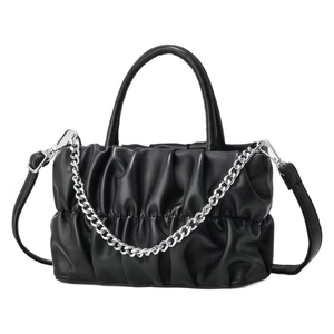 Minimalist black pleated cloud handbag with chunky silver chain and long leather shoulder strap