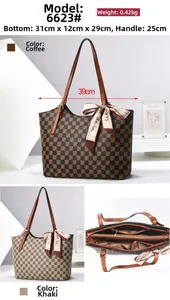 Detailed size specifications and interior compartments of the checkerboard tote bag