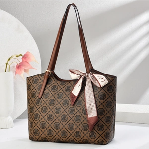 Elegant brown checkerboard tote bag with monogram print and decorative scarf handle