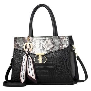 Black crocodile pattern handbag with snakeskin flap and golden GD buckle with scarf